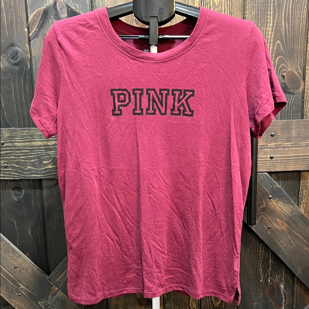 Victoria's Secret PINK Spellout Tee L Wine Logo Graphic Soft NWT Black Preppy